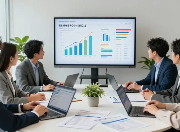 Business energy comparison UK meeting with professionals analyzing quotes and data in a modern office.