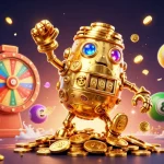 ONE88 introduces thrilling golden golem amidst colorful lottery balls, enhancing online gambling excitement.