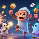 Experience thrills with asia99 as a mischievous monkey juggles gold in a vibrant casino scene.