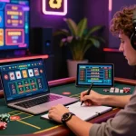 Engaging player focused on white label casino PBN links in a vibrant online casino setup with digital games.