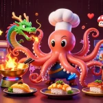 Engaging illustration showcasing online casinos with a sushi chef octopus, fiery dragon, and tanuki customer in a vibrant arcade.