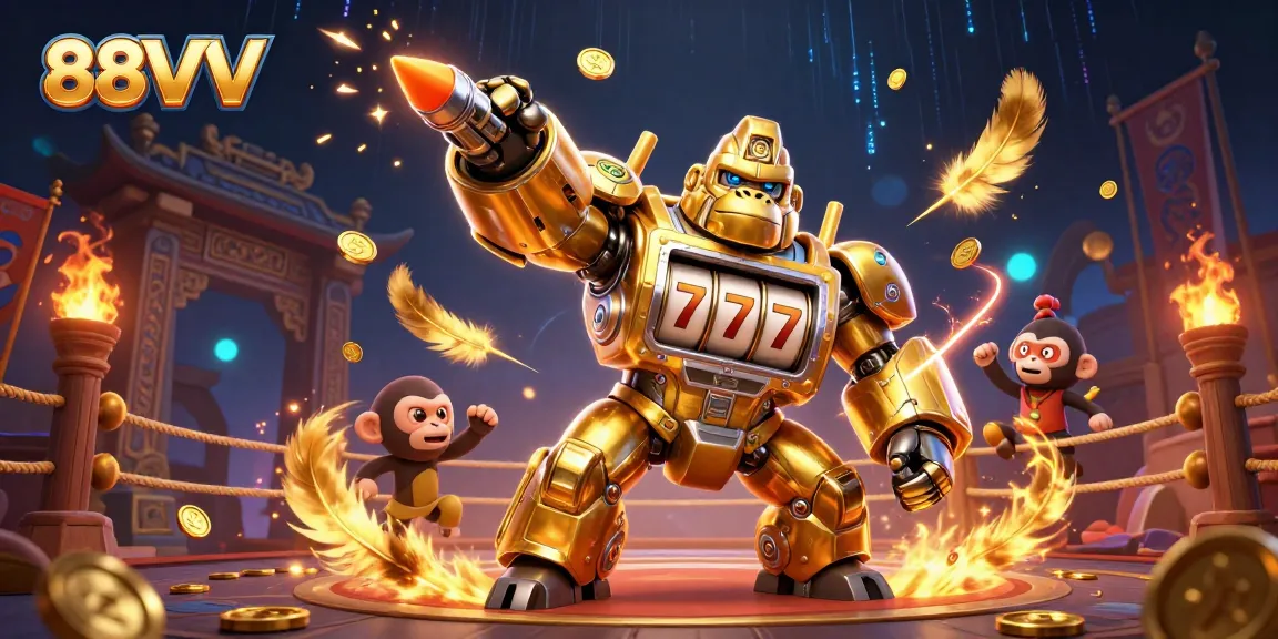 Experience thrilling action at 88VV with a dynamic golden gorilla mech and exploding coins.