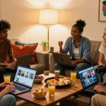 Friends sharing snapwins leaks in a cozy living room filled with snacks and lively conversation.