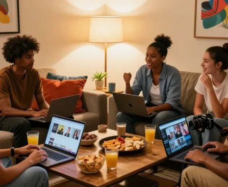 Friends sharing snapwins leaks in a cozy living room filled with snacks and lively conversation.
