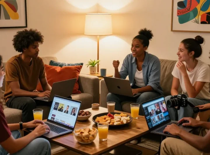 Friends sharing snapwins leaks in a cozy living room filled with snacks and lively conversation.