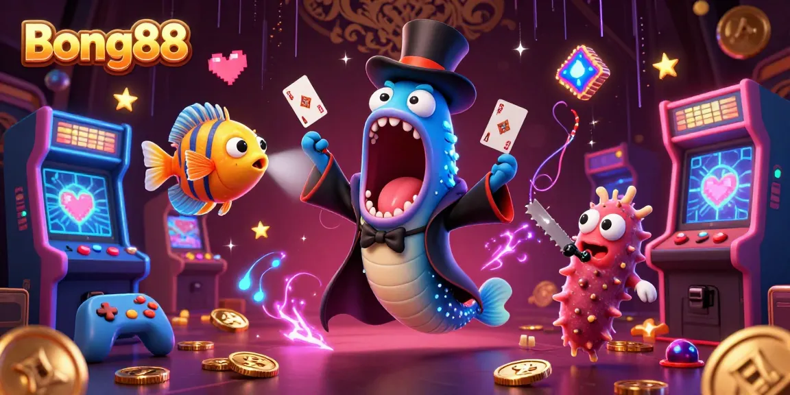 Bong88 showcases a vibrant 3D illustration with a bioluminescent eel performing card tricks, set in a magical casino atmosphere.