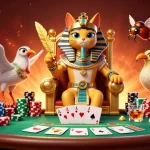 OKVIP invites you to a thrilling poker experience featuring a pharaoh cat and ibis scribe.