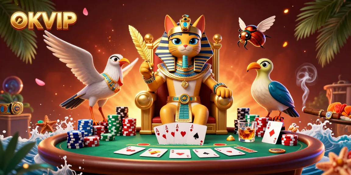 OKVIP invites you to a thrilling poker experience featuring a pharaoh cat and ibis scribe.