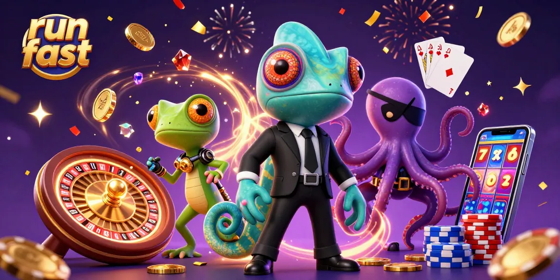 Engage in the run fast game featuring a 3D cartoon agent chameleon, gadget gecko, and octopus.