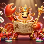 Kubet showcases a golden crab emperor in a vibrant 3D casino world with rich gaming elements.