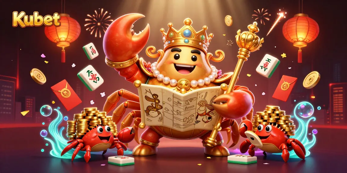 Kubet showcases a golden crab emperor in a vibrant 3D casino world with rich gaming elements.