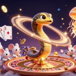 Tỷ Lệ Kèo Nhà Cái showcases a cosmic roulette scene with vibrant casino elements and action-packed betting.