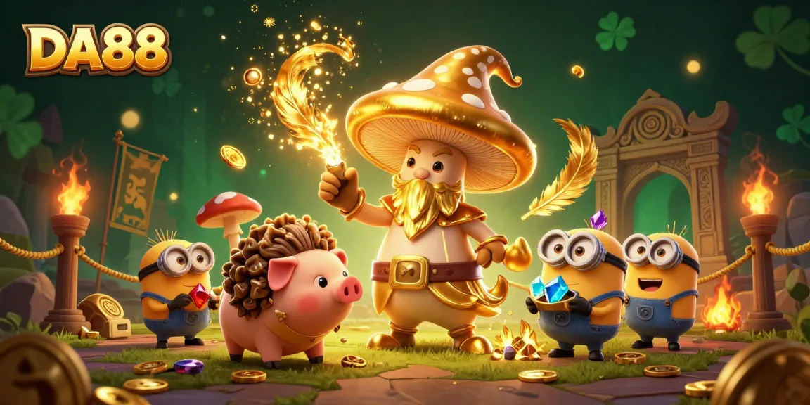 Experience DA88 gaming magic with a golden mushroom wizard and treasure-hunting pig amidst casino elements.