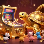 Experience the vibrant excitement of gaming at QS88 with a unique tortoise pinball machine and a treasure-filled backdrop.