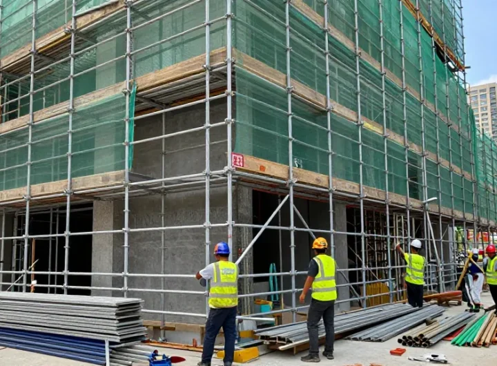 Workers installing commercial scaffolding on a building, ensuring safety and efficiency during renovation.