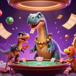 Experience thrilling play at 11win with a giant brontosaurus watching over a vibrant casino scene.