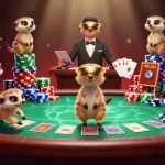 Engage in the thrilling trải nghiệm thủ lĩnh rồng with meerkats running a casino, chips flying across a vibrant scene.