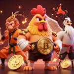 Engage with Pe888's vibrant casino experience featuring a dynamic scene of a fierce rooster, monkey, and crane among glowing currencies.