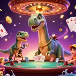 Experience thrilling moments at nk88 with a playful scene featuring a giant brontosaurus and clever raptor in a casino.