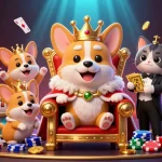 Join the exciting world of ZBET with a royal corgi and colorful slots in this dynamic casino scene.