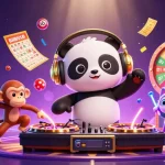 The dynamic QQ88 Dev illustration showcases a DJ panda and friends celebrating casino wins with vibrant game elements.