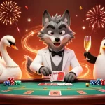Experience the excitement at BL555, where a wolf, swan, and penguin engage in vibrant casino play.