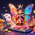 Engage with the vibrant uu88 online casino, featuring a whimsical butterfly queen amid playful game elements.
