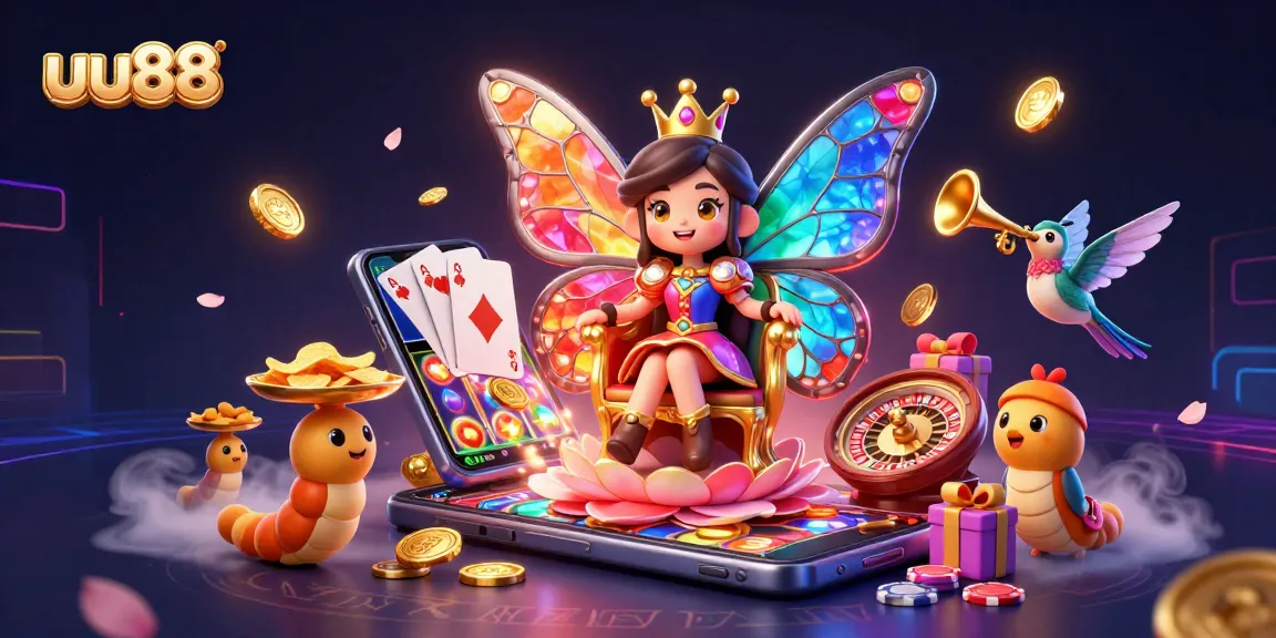 Engage with the vibrant uu88 online casino, featuring a whimsical butterfly queen amid playful game elements.