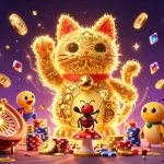 Bet on sports with cakhiatv through vibrant imagery of a lucky cat and dynamic casino elements.
