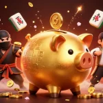 E2BET đăng nhập showcases a golden piggy bank sumo wrestler stomping coins in an animated casino scene.