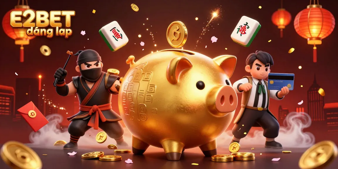 E2BET đăng nhập showcases a golden piggy bank sumo wrestler stomping coins in an animated casino scene.