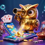 ZBET showcases a clockwork owl and bustling casino atmosphere with slot machines and glowing effects.