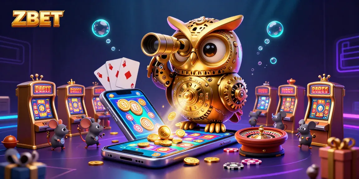 ZBET showcases a clockwork owl and bustling casino atmosphere with slot machines and glowing effects.