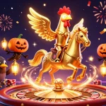 Win big with jl18 as a golden rooster heads through a casino with sparkling gems and golden coins.