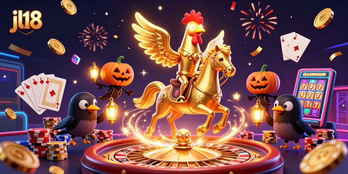 Win big with jl18 as a golden rooster heads through a casino with sparkling gems and golden coins.