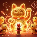 Experience excitement at SunWin with a vibrant illustration of a lucky cat, casino symbols, and festive elements.