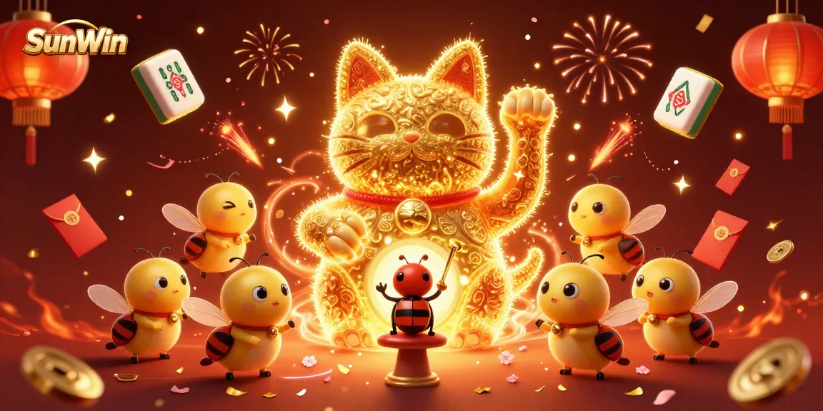 Experience excitement at SunWin with a vibrant illustration of a lucky cat, casino symbols, and festive elements.