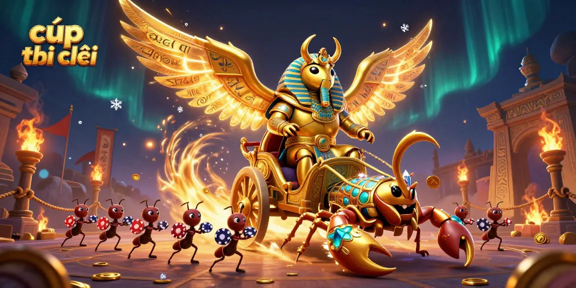 cúp thế giới illustration with a golden scarab, scorpions, and poker chips in a vibrant casino scene