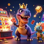 Engage with LUCKY88's vibrant casino scene featuring a T-Rex juggling cards and playful characters.