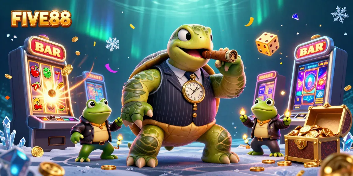 Experience the thrill of FIVE88 with a lively casino scene featuring unique gambling characters.