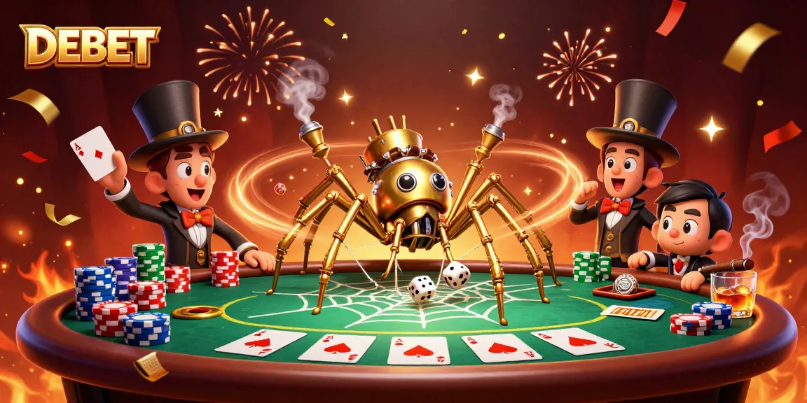 Engage with DEBET's thrilling gaming world, where a steampunk spider and a fly gentleman meet at an extravagant poker table.
