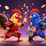 Join the battle with 7mcn's fighting roosters in a vibrant casino showdown.