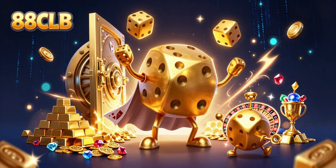 88CLB showcases a dynamic casino scene with a golden dice golem juggling riches amid sparkling treasures.