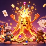 Engage in thrilling wins at 11WIN with a captivating illustration of a golden volcano eruption, treasure, and casino elements.
