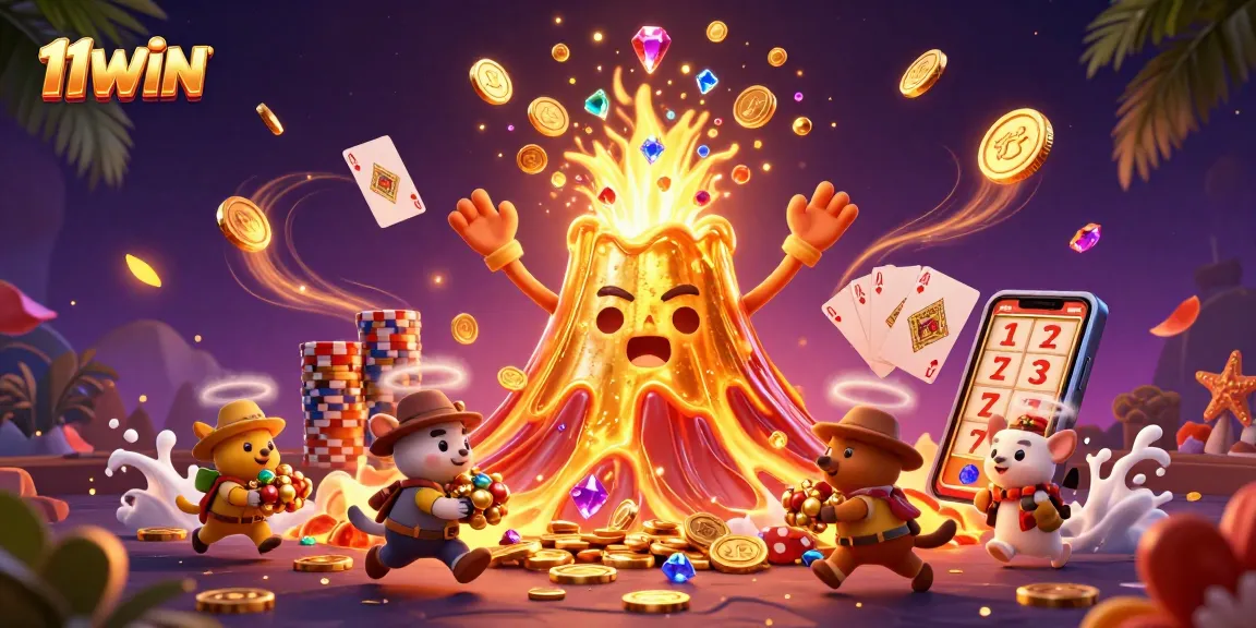 Engage in thrilling wins at 11WIN with a captivating illustration of a golden volcano eruption, treasure, and casino elements.