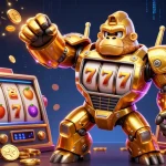 VUA88 depicts a lively casino scene with a golden gorilla mech celebrating big wins amidst slot symbols.