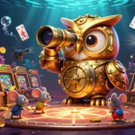 Experience luckywin with a vibrant 3D scene of a clockwork owl scanning a bustling casino floor.