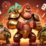 Engage with ONE88's thrilling gaming experience showcasing a powerful gorilla king and vibrant casino elements.