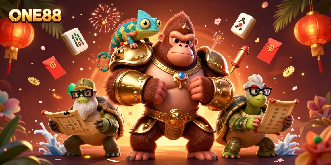 Engage with ONE88's thrilling gaming experience showcasing a powerful gorilla king and vibrant casino elements.
