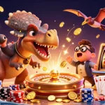 ee88cn attracts attention with a dinosaur-themed jackpot scene, showcasing dynamic casino elements.